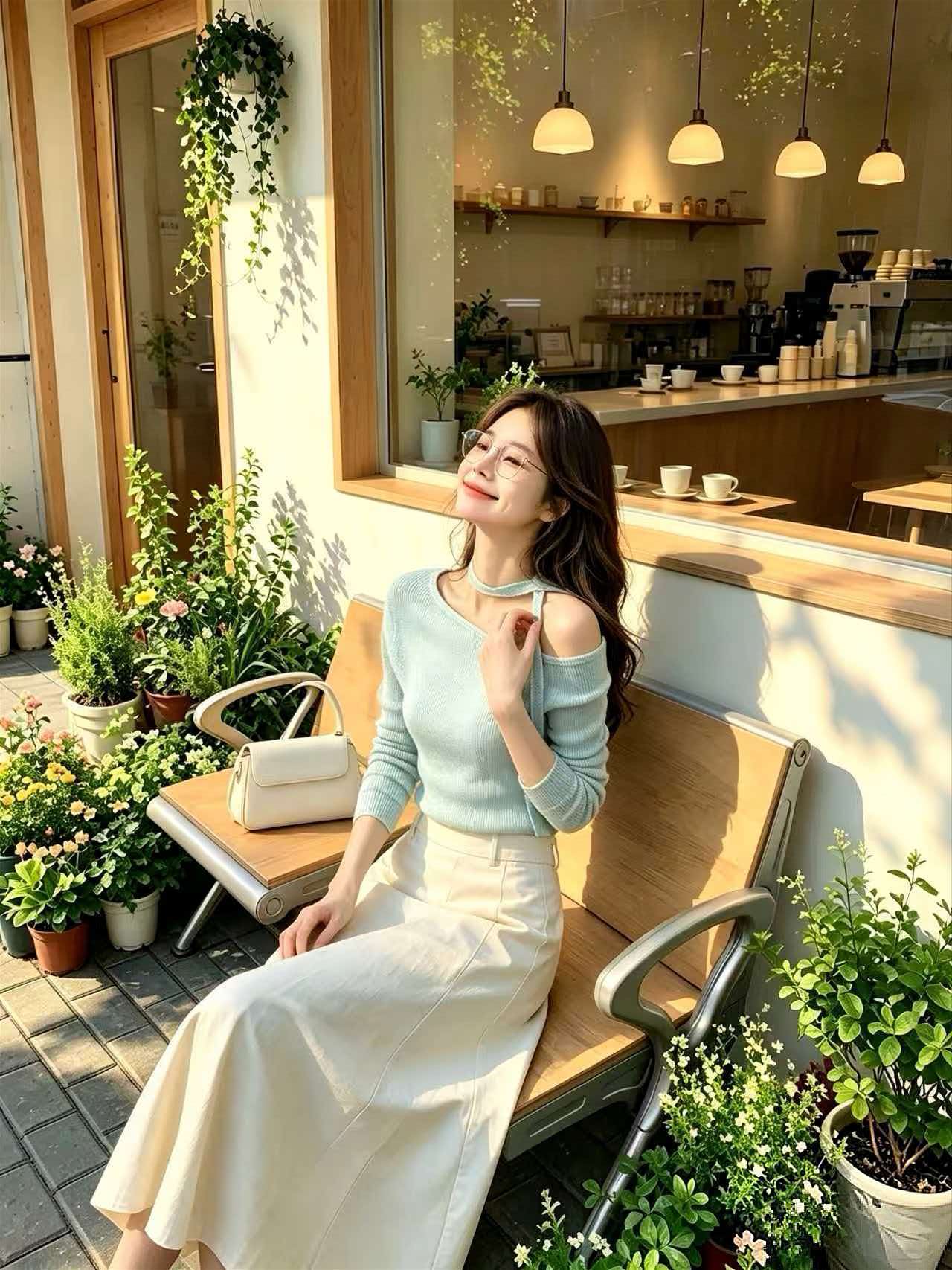 Mint Blue Ribbon Knit Long Sleeve Off-Shoulder Top for Women 2026 Fall Slim Fit - Image 4