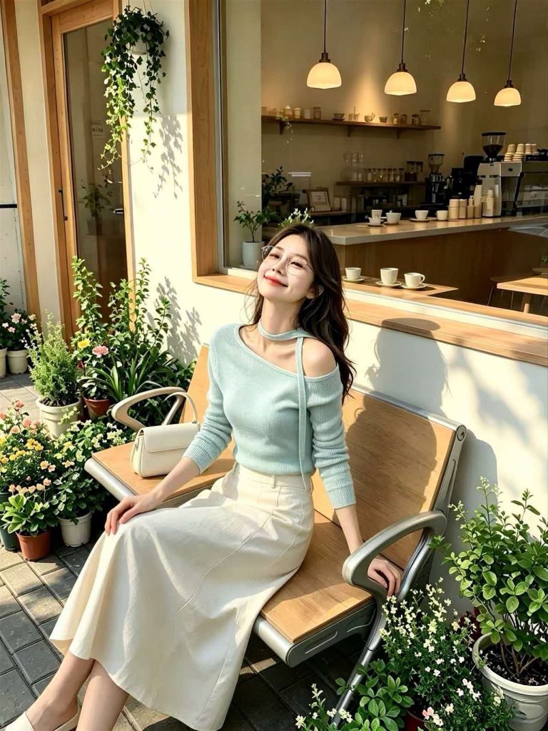 Mint Blue Ribbon Knit Long Sleeve Off-Shoulder Top for Women 2026 Fall Slim Fit