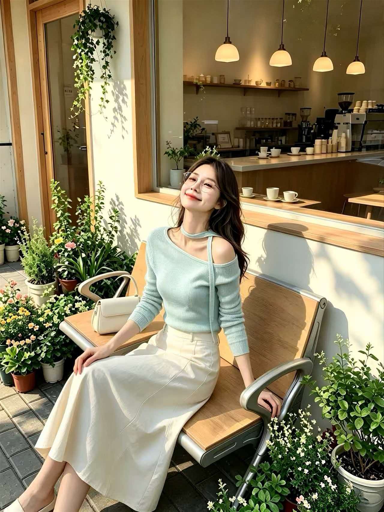 Mint Blue Ribbon Knit Long Sleeve Off-Shoulder Top for Women 2026 Fall Slim Fit
