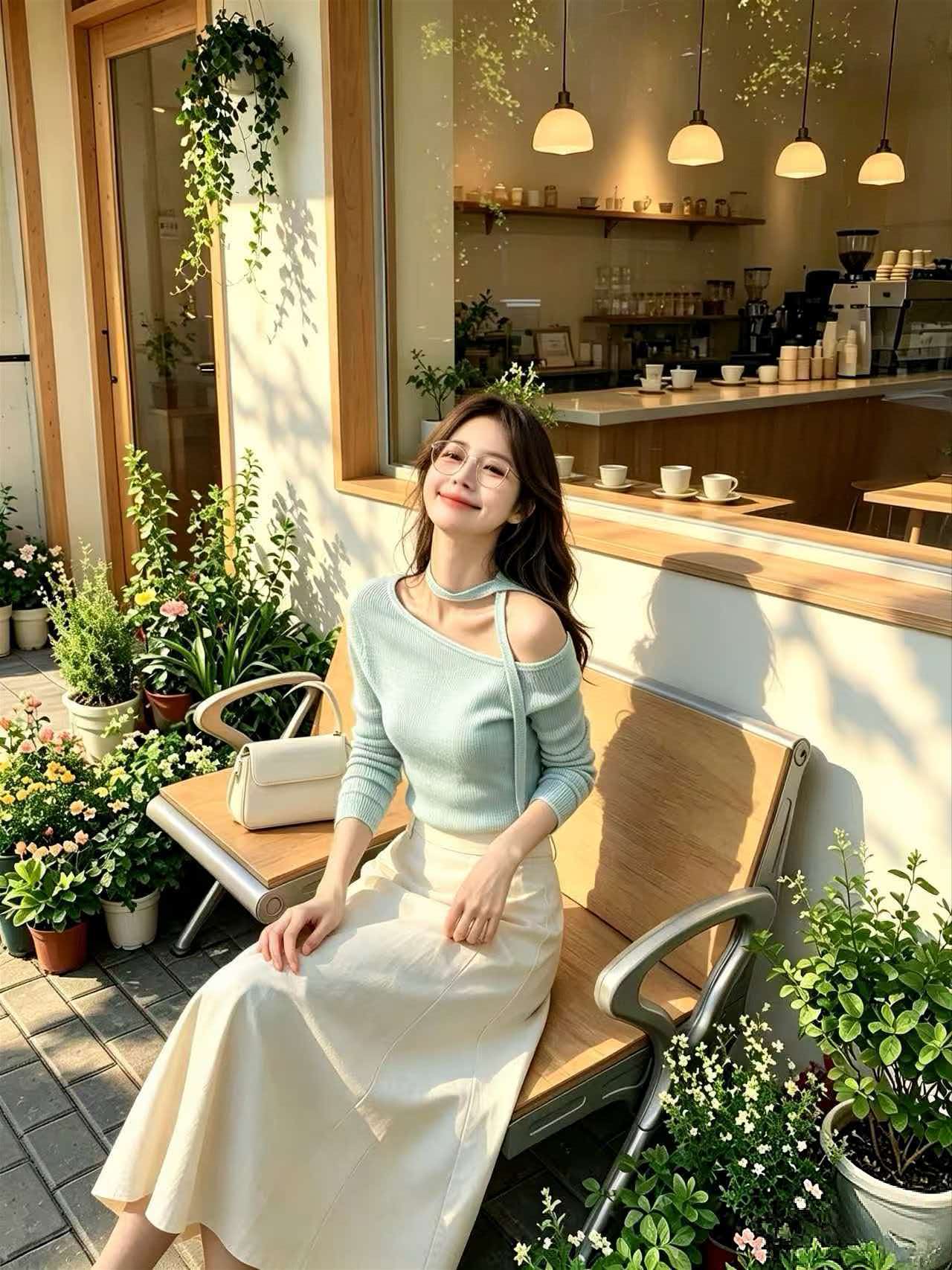 Mint Blue Ribbon Knit Long Sleeve Off-Shoulder Top for Women 2026 Fall Slim Fit - Image 3