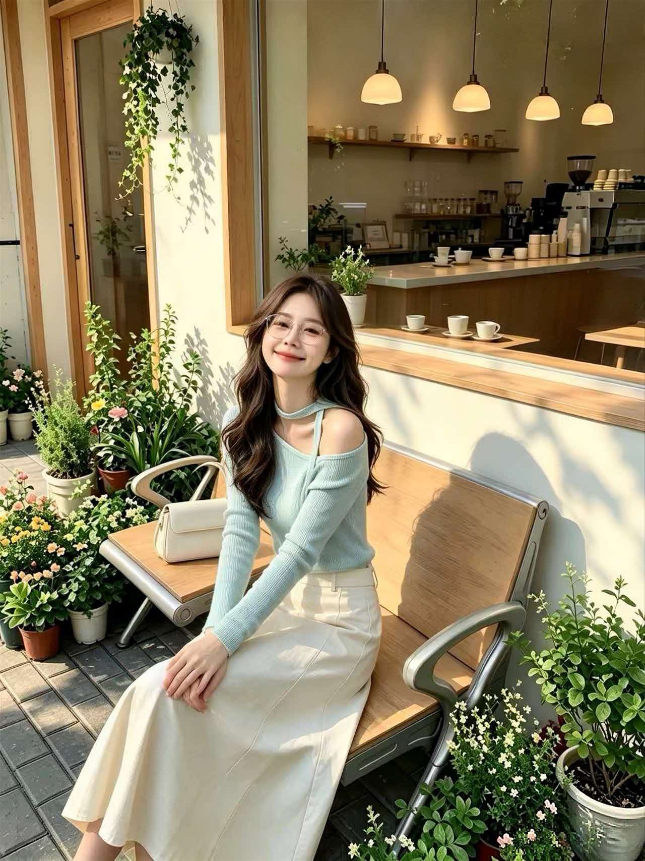 Mint Blue Ribbon Knit Long Sleeve Off-Shoulder Top for Women 2026 Fall Slim Fit - Image 2