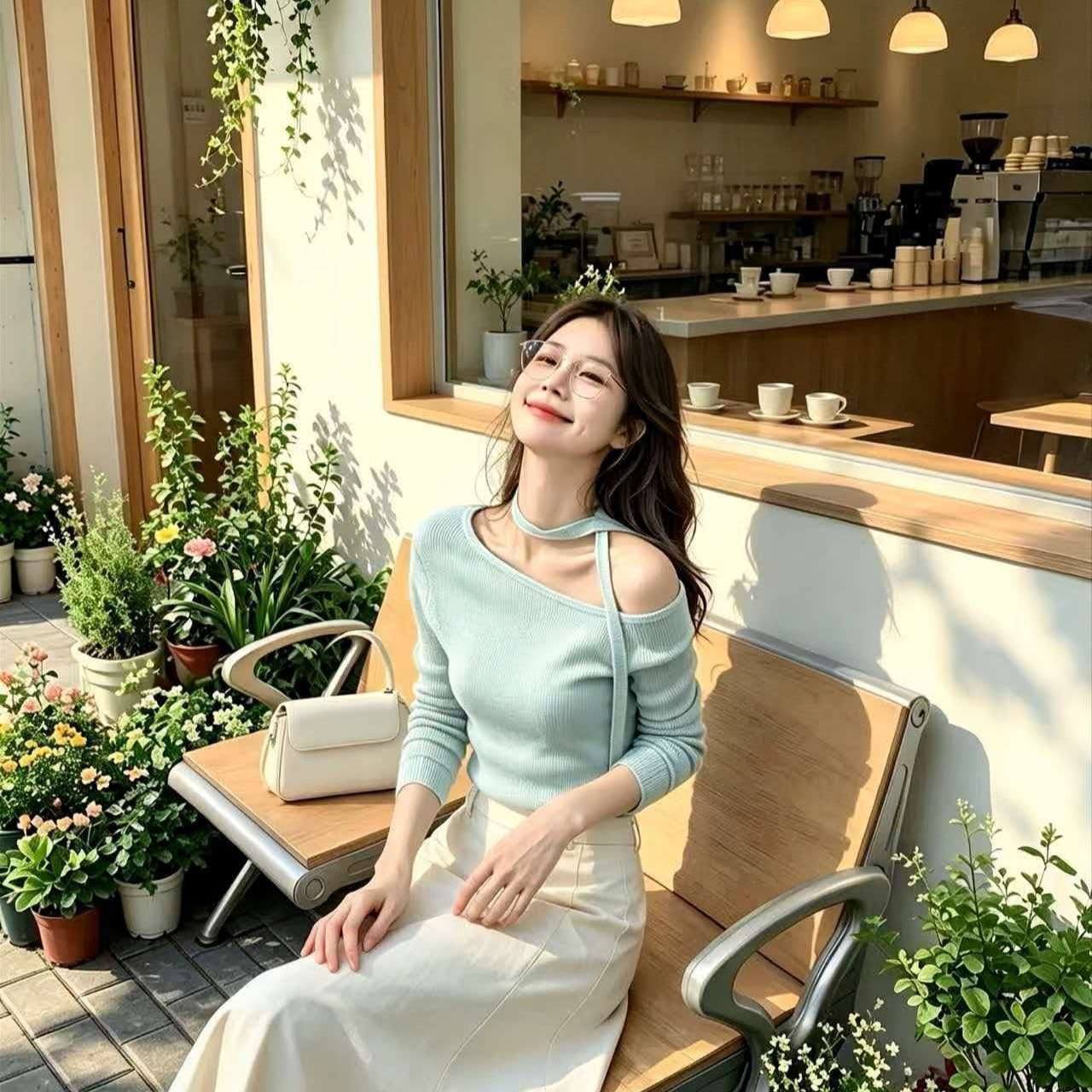 Mint Blue Ribbon Knit Long Sleeve Off-Shoulder Top for Women 2026 Fall Slim Fit - Image 5