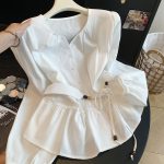 2026 Early Autumn Commuter Slim Fit Blue Button Waist Belt Top