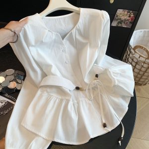 2026 Early Autumn Commuter Slim Fit Blue Button Waist Belt Top