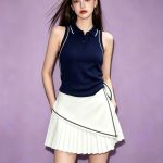 Women's Navy Colorblock Sleeveless Slim Fit Polo Neck T-Shirt 2026 Summer French Style Korean Top