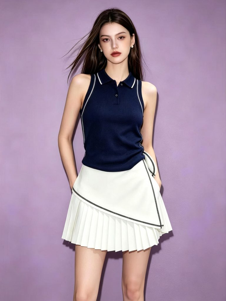 Women's Navy Colorblock Sleeveless Slim Fit Polo Neck T-Shirt 2026 Summer French Style Korean Top