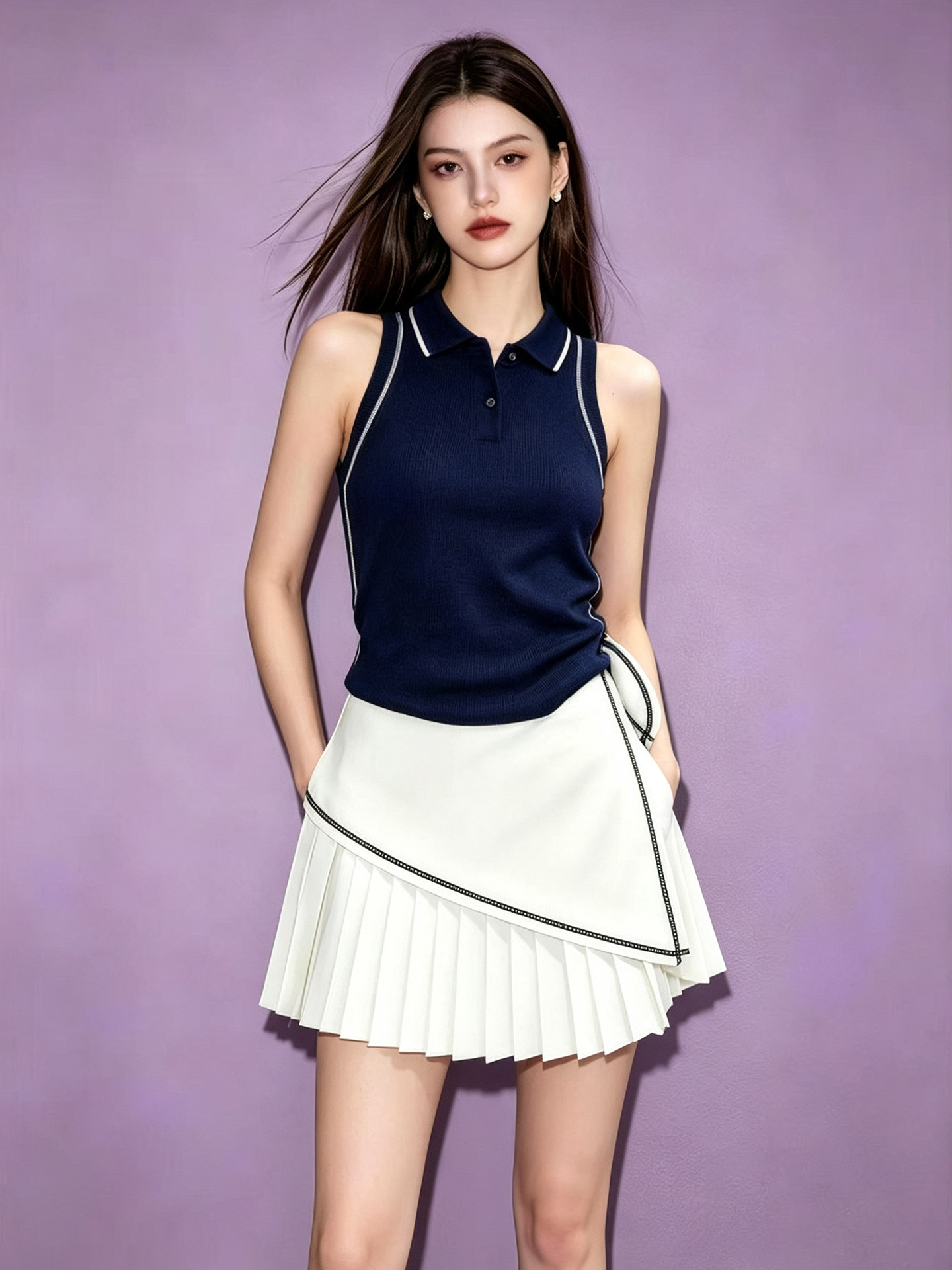 Women's Navy Colorblock Sleeveless Slim Fit Polo Neck T-Shirt 2026 Summer French Style Korean Top