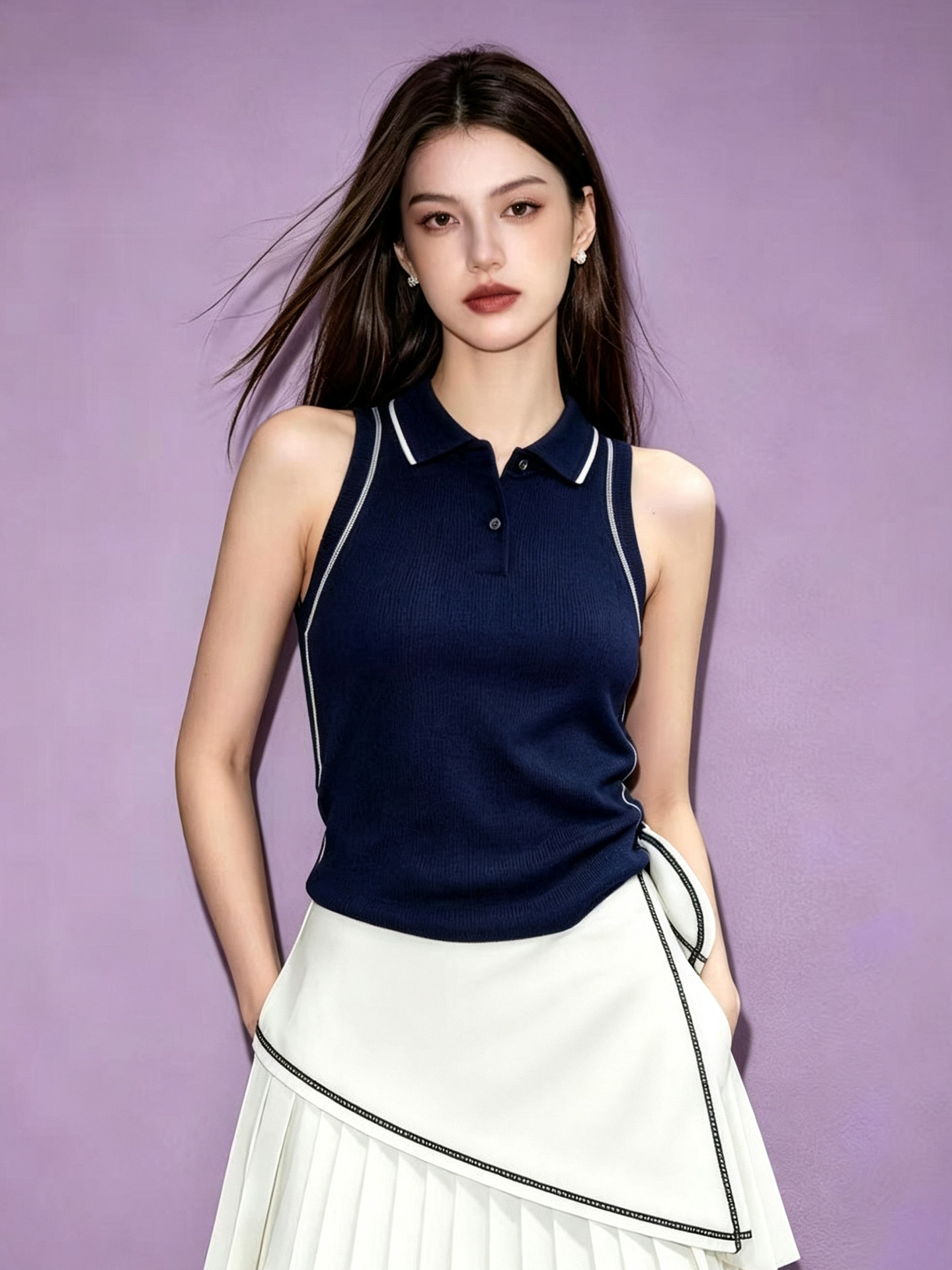 Women's Navy Colorblock Sleeveless Slim Fit Polo Neck T-Shirt 2026 Summer French Style Korean Top - Image 3