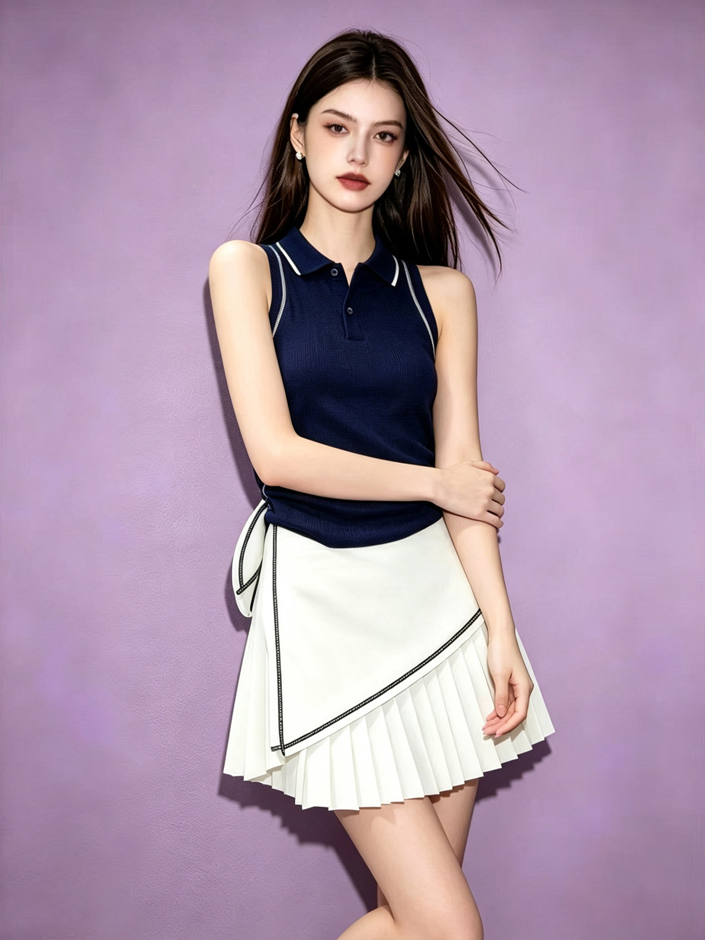 Women's Navy Colorblock Sleeveless Slim Fit Polo Neck T-Shirt 2026 Summer French Style Korean Top - Image 2