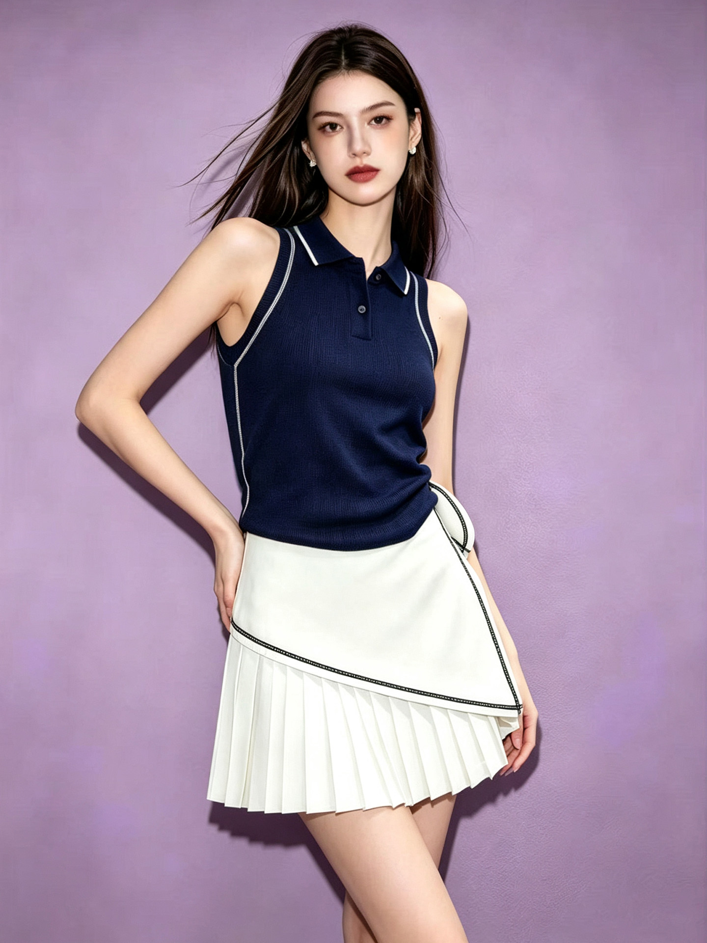Women's Navy Colorblock Sleeveless Slim Fit Polo Neck T-Shirt 2026 Summer French Style Korean Top - Image 4