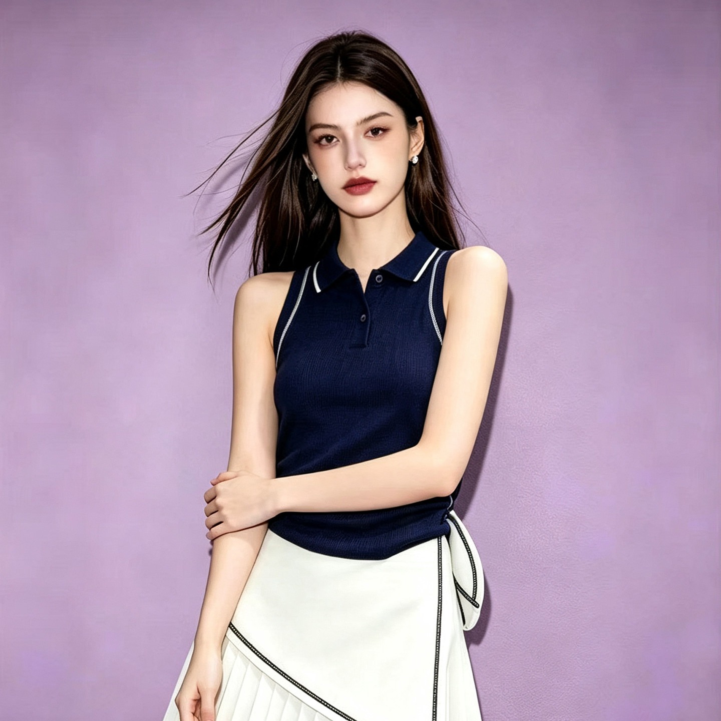 Women's Navy Colorblock Sleeveless Slim Fit Polo Neck T-Shirt 2026 Summer French Style Korean Top - Image 5