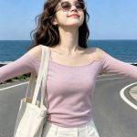 Pink Off-Shoulder Slim Fit Long Sleeve T-Shirt Women 2026 New Summer Unique Pretty Top Beach Outfit