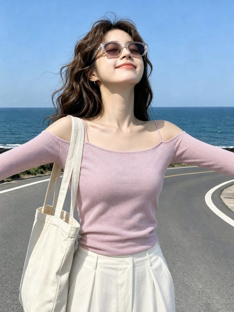 Pink Off-Shoulder Slim Fit Long Sleeve T-Shirt Women 2026 New Summer Unique Pretty Top Beach Outfit