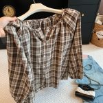 Korean Retro Lazy Style Loose Drop Shoulder Plaid Round Neck Puff Sleeve Long Sleeve Shirt Top