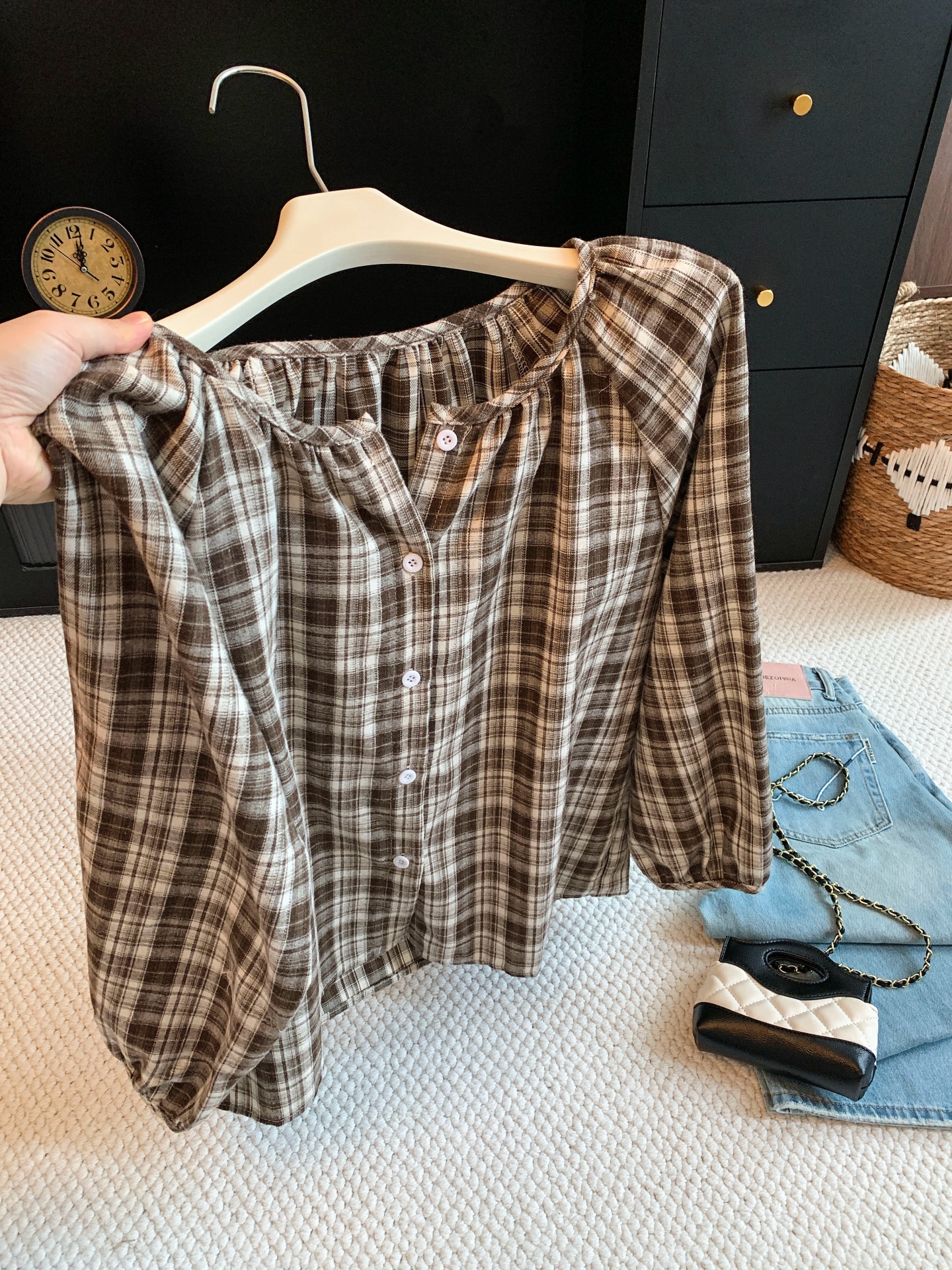 Korean Retro Lazy Style Loose Drop Shoulder Plaid Round Neck Puff Sleeve Long Sleeve Shirt Top