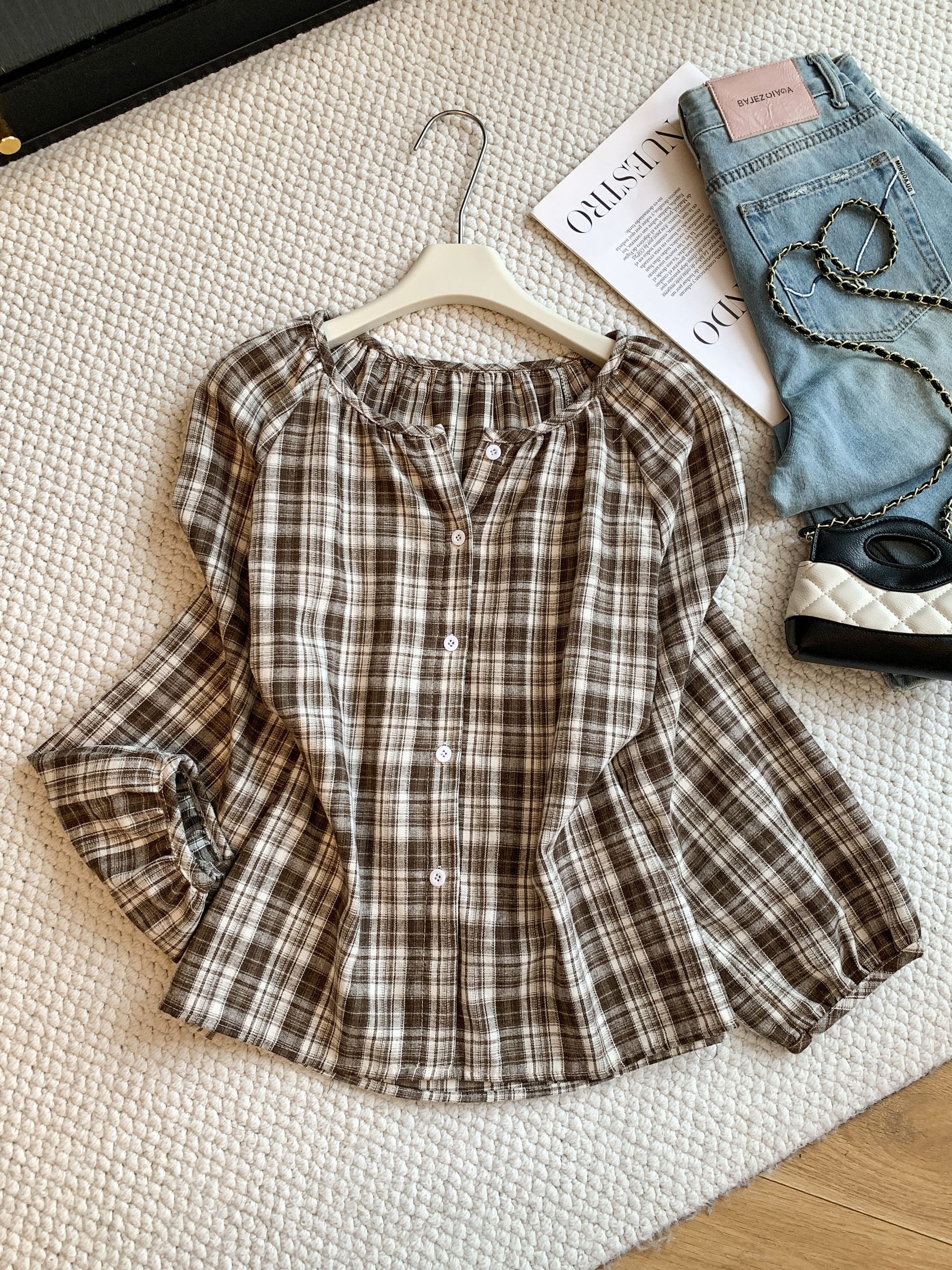 Korean Retro Lazy Style Loose Drop Shoulder Plaid Round Neck Puff Sleeve Long Sleeve Shirt Top - Image 2