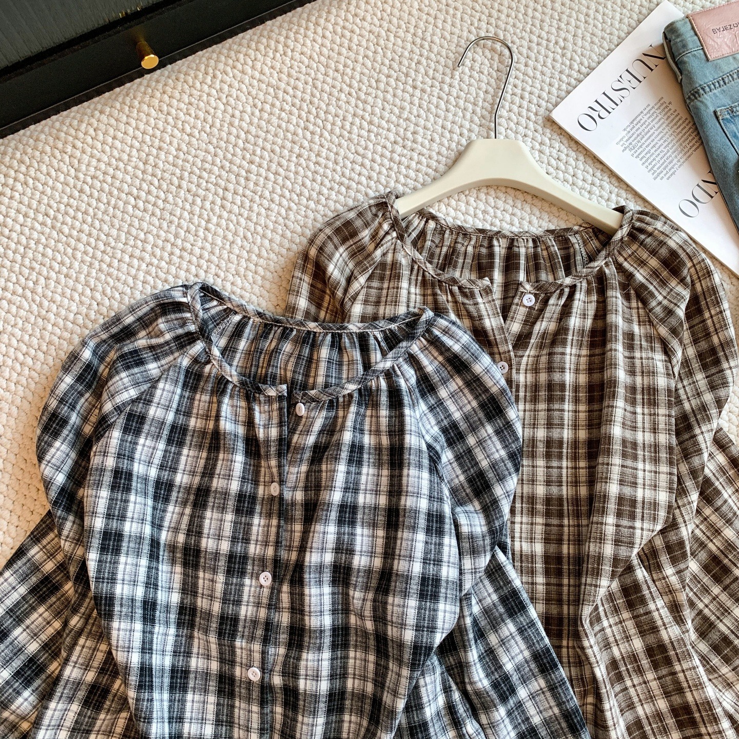 Korean Retro Lazy Style Loose Drop Shoulder Plaid Round Neck Puff Sleeve Long Sleeve Shirt Top - Image 5